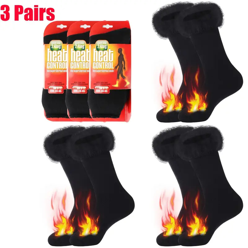 3 Pairs Black Heat Socks: Winter Warm Thermal Crew Boot Socks-1